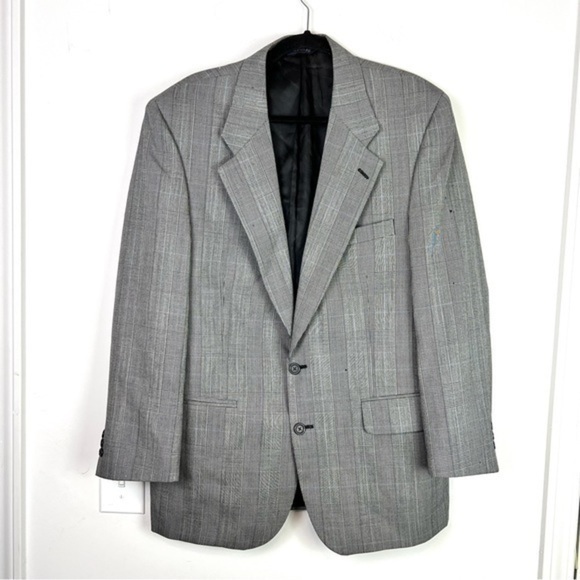 Burberrys Blazer mens large two button coat grey blue micro plaid 100% wool - Picture 1 of 11